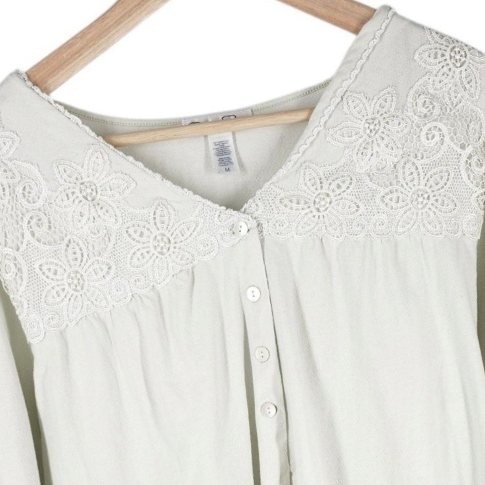 Oscar de la Renta Blouse Womens‎ Medium Sage Green Lace Trim Boho Cotton Top